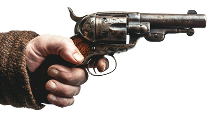 Close up of a man hand shooting vintage pistol, side view isolated on transparent background, png