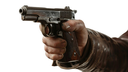 Close up of a man hand shooting vintage pistol, side view isolated on transparent background, png