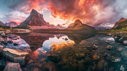 A stunning scene capturing a mountain peak reflecting in a calm lake during a vibrant sunset, with dramatic skies and rugged landscape creating a breathtaking view.