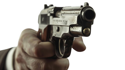 Close up of a man hand shooting vintage pistol, side view isolated on transparent background, png