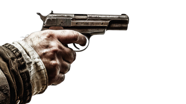 Close up of a man hand shooting vintage pistol, side view isolated on transparent background, png