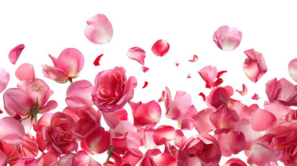 Photo of vibrant pink rose flowers petals falling on transparent background, png file. Petal rain, Wedding celebration, Valentines day card, romantic overlay