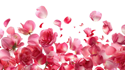 Photo of vibrant pink rose flowers petals falling on transparent background, png file. Petal rain, Wedding celebration, Valentines day card, romantic overlay