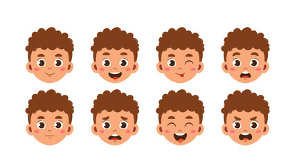 Schoolboy heads set. Boy with different emotions. Pack of characters with various feelings. Design elements for creating animations. Education, learning and training. Flat vector collection