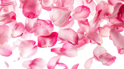 Photo of vibrant pink rose flowers petals falling on transparent background, png file. Petal rain, Wedding celebration, Valentines day card, romantic overlay