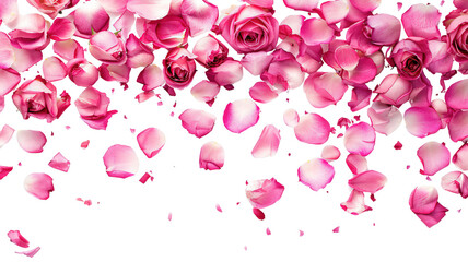 Photo of vibrant pink rose flowers petals falling on transparent background, png file. Petal rain, Wedding celebration, Valentines day card, romantic overlay