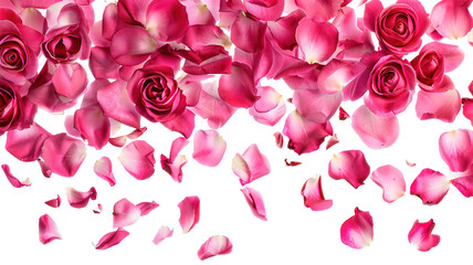 Photo of vibrant pink rose flowers petals falling on transparent background, png file. Petal rain, Wedding celebration, Valentines day card, romantic overlay