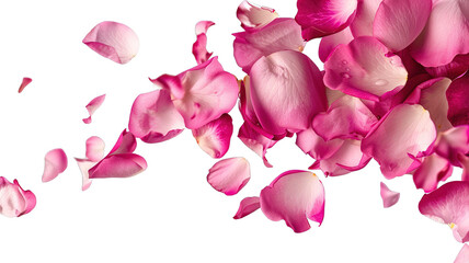 Photo of vibrant pink rose flowers petals falling on transparent background, png file. Petal rain, Wedding celebration, Valentines day card, romantic overlay