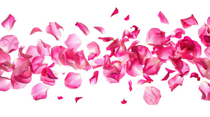 Photo of vibrant pink rose flowers petals falling on transparent background, png file. Petal rain, Wedding celebration, Valentines day card, romantic overlay