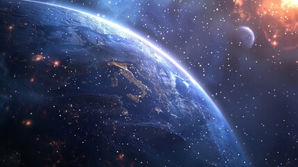 Earth from space illuminated by glowing city lights with distant celestial bodies in the background, portraying the marvel of our planet in the vast universe.
