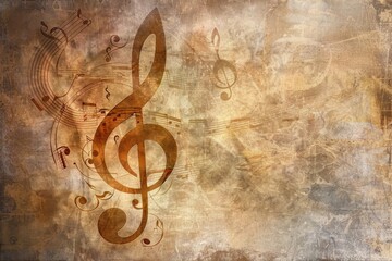 Vintage treble clef surrounded by swirling music notes in muted earth tones, set on a worn, textured surface for a retro music-inspired background