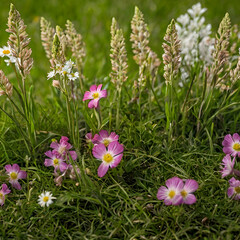 pink flowers in the grass