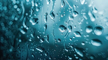 Macro shot of raindrops glistening on a windowpane during a stormy day, reflecting soft ambient light