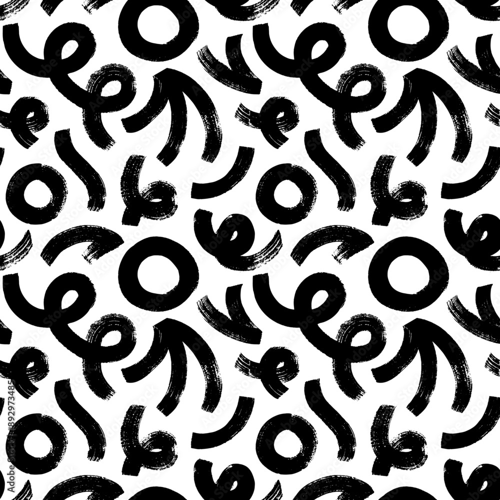 Poster seamless pattern with bold geometric shapes in grunge style. thick curves, squiggles, spirals and ci