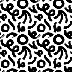Seamless pattern with bold geometric shapes in grunge style. Thick curves, squiggles, spirals and circles background.