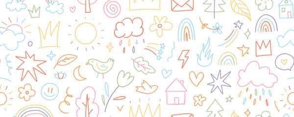 Colorful doodle seamless pattern with childish drawing elements. Pencil or pen doodle style seamless pattern with cute crowns, hearts, stars, houses and sun. Vector wallpaper for kids stationery.