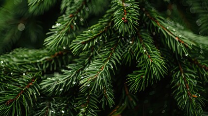 Close-Up of Dewy Evergreen Branches