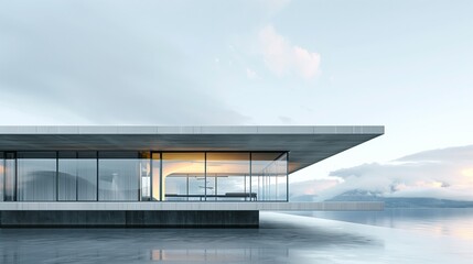 A sleek, modern concrete home with a flat roof and expansive windows, with the backdrop of a cloudless sky and a glistening fjord.