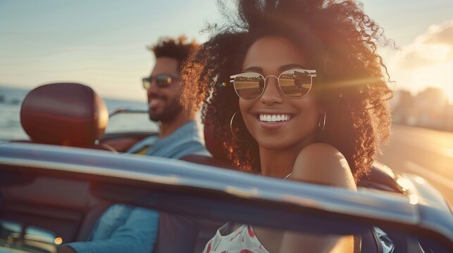 A joyous woman and her partner enjoy a delightful drive in a stylish convertible by the seaside, basking in the warmth of the sun and the happiness of the moment.