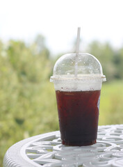 closeup iced coffee in plastic cup