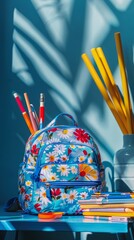 Colourful backpack with stationery standing on the table indoors. Concept of back to school