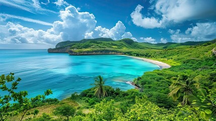 tranquil bay with azure waters palmfringed sands is hidden by green hills