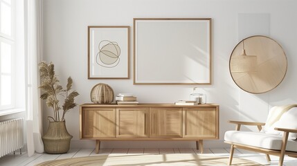 Contemporary wooden sideboard with artistic framed prints, elegant Scandinavian living room