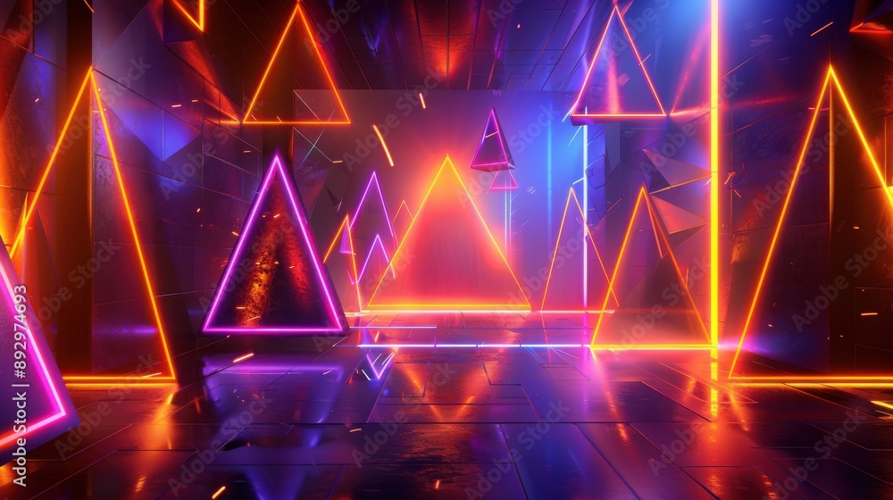 Poster vivid 3d background with floating triangles and neon lights in a high tech, futuristic setting