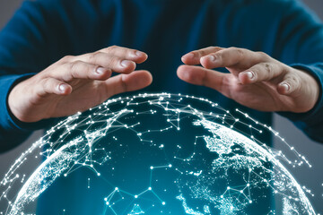 Hands hovering over a glowing globe representing global connection and network technology, showcasing data exchange and digital communication.