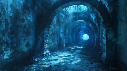 A captivating image of a long, arching tunnel illuminated by eerie blue light, creating a sense of mystery and intrigue, perfect for dark adventure themes.