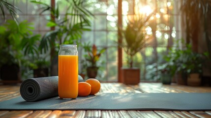 Yoga Mat with Fresh Orange Juice and Sunlit Greenhouse Background