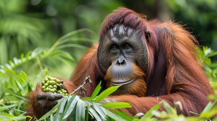 A close-up shot of an orangutan eating fruit amidst the lush greenery of a tropical forest, showcasing the animal's expressive face and vibrant fur in a natural habitat.
