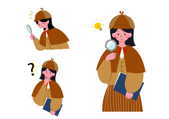 探偵の服と帽子を被って虫眼鏡を持つ女性のイラストセット