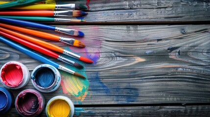 Art supplies on vintage wooden surface