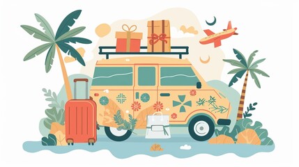 A vibrant illustration depicting a retro travel van packed with luggage, palm trees, and a plane in the background, symbolizing freedom, adventure, and the joy of exploration.