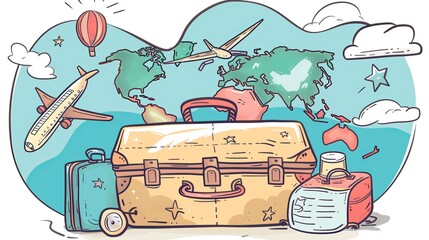 A colorful illustration featuring various travel elements such as a suitcase, airplane, globe, and travel bags, capturing the spirit of adventure and exploration in a whimsical style.