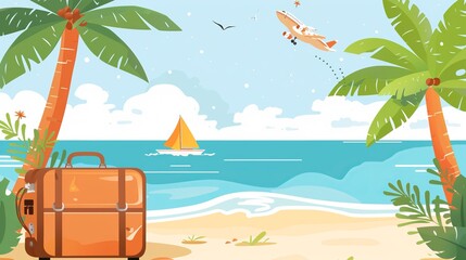 A picturesque beach scene featuring a large leather luggage bag with an airplane flying overhead and a sailboat gliding along the blue waters under palm trees.
