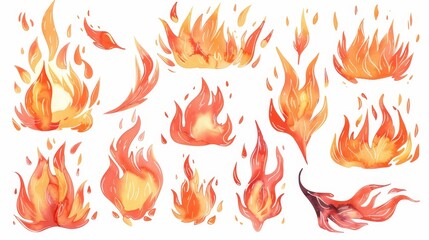 Fire flames set. White background. Watercolor illustrations