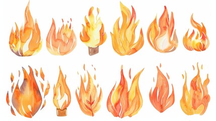 Fire flames set. White background. Watercolor illustrations