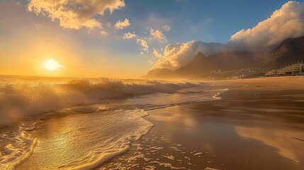 A stunning sunset over a tranquil beach with gentle waves, mountains shrouded in mist in the background, capturing a peaceful and serene moment in nature.