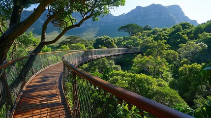 A beautiful walkway winds through vibrant green trees, set against stunning, towering mountains in the background, offering a serene and picturesque natural setting.
