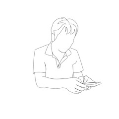 携帯を操作している男性の上半身　線画