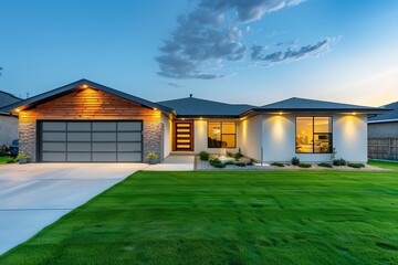 A contemporary home with a green lawn in front, garage on the left, and a concrete yard. Illuminated roof lights and wooden wall decor add to the stylish look.
