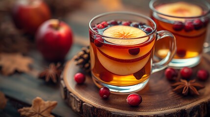 Autumnal Hot Apple Cider with Cranberries in Glass Mugs on a Rustic Wooden Table