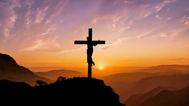 Christian cross on hill outdoors at sunset. Crucifixion Of Jesus