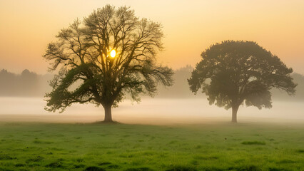 Obraz premium Beautiful scenery of foggy grassland and trees at sunrise