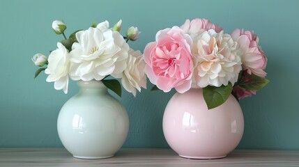Faux white and pink flowers in matching vases for decoration and ads