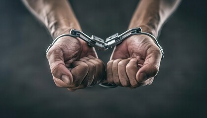 Closeup of handcuffs being placed on a prisoner s wrists, highlighting the moment of capture, arrest
