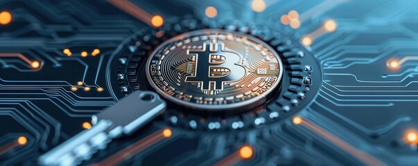 Fototapeta premium Digital key stored in a blockchain wallet, highlighting the intersection of digital security and cryptocurrency, blockchain key