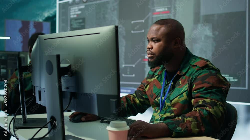 Poster army professionals in command post overseeing satellite data and real time surveillance, mission int